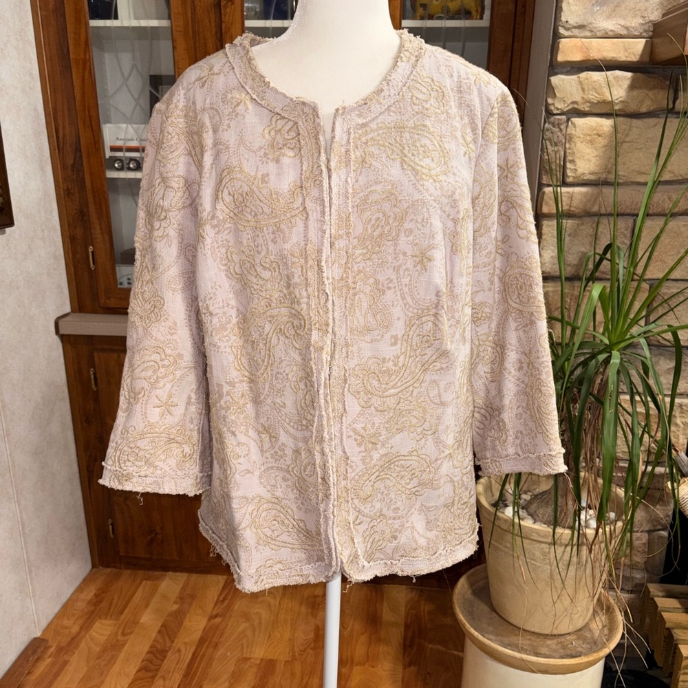 coldwater creek neutral taupe embroidered paisley floral pattern raw hem jacket